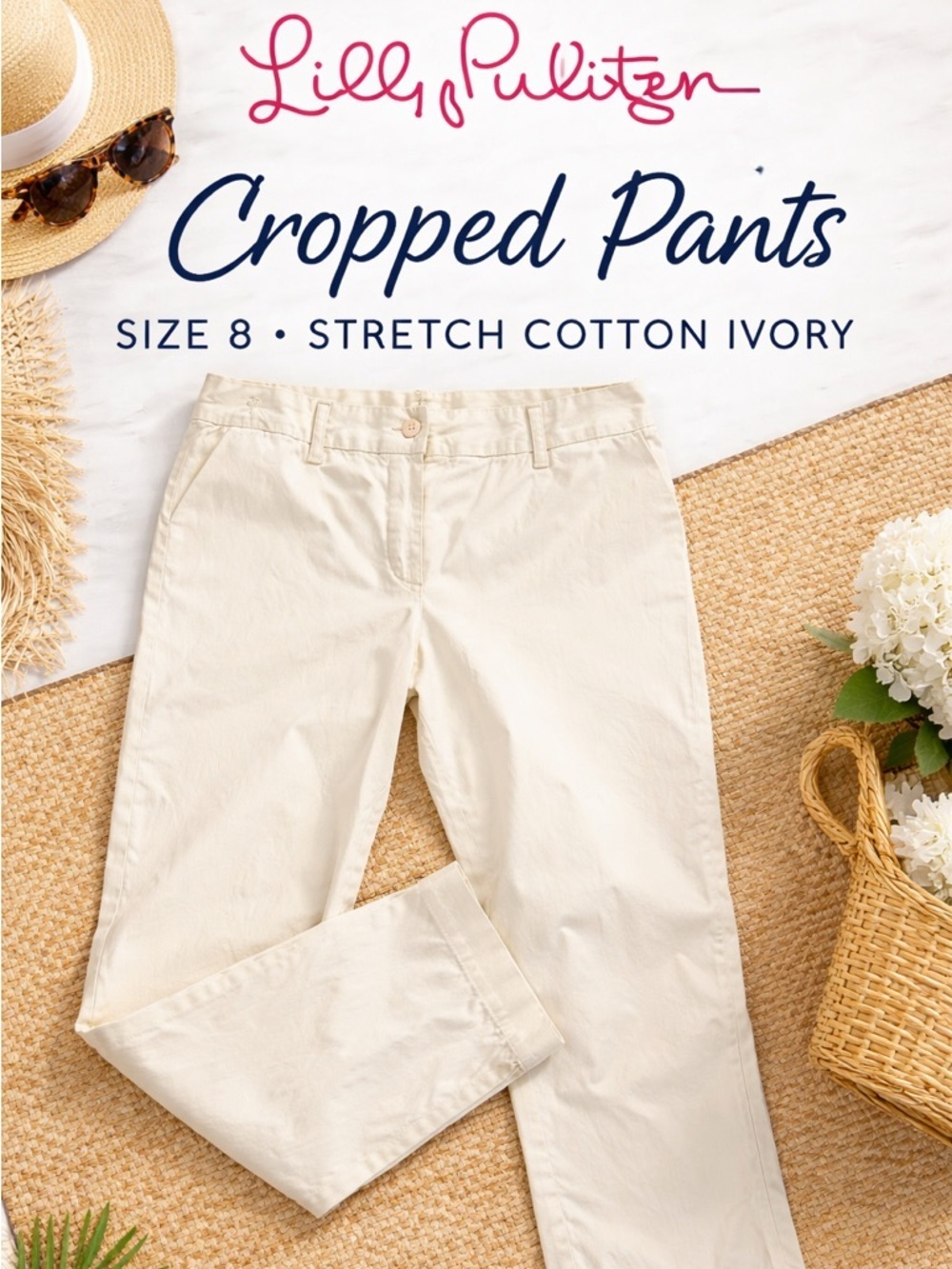 Lilly Pulitzer Cropped Pants Size 8 Stretch Cotton Ivory Ankle